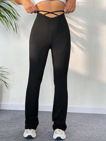 EZwear Criss Cross Waist Flare Leg Pants