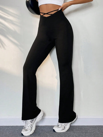 EZwear Criss Cross Waist Flare Leg Pants