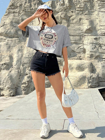 EZwear Crop Top Vintage Print T-Shirt For Women