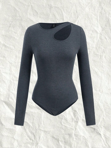 Deep Grey Knitted Hollow Out Bodysuit For Women