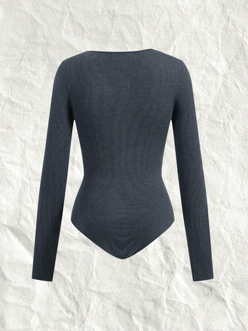 Deep Grey Knitted Hollow Out Bodysuit For Women