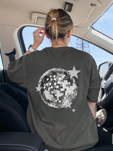 Disco Ball Star Print Vintage Crew Neck Short Sleeve Casual Loose Top