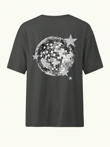 Disco Ball Star Print Vintage Crew Neck Short Sleeve Casual Loose Top
