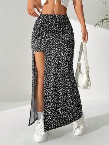 EZwear Ditsy Floral Long Split Hem Skirt