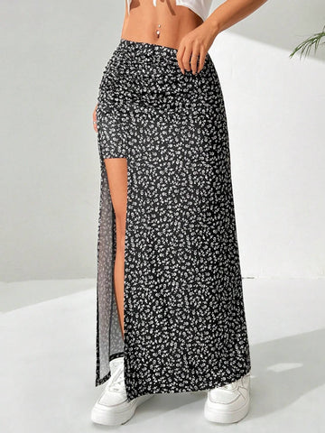 EZwear Ditsy Floral Long Split Hem Skirt