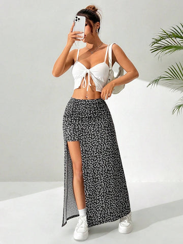 EZwear Ditsy Floral Long Split Hem Skirt