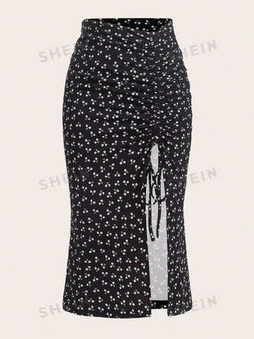 EZwear Ditsy Floral Print Drawstring Split Thigh Skirt