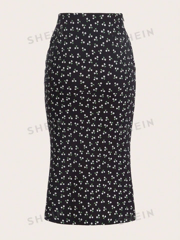 EZwear Ditsy Floral Print Drawstring Split Thigh Skirt