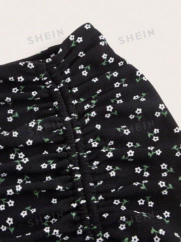 EZwear Ditsy Floral Print Drawstring Split Thigh Skirt