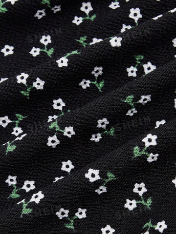 EZwear Ditsy Floral Print Drawstring Split Thigh Skirt