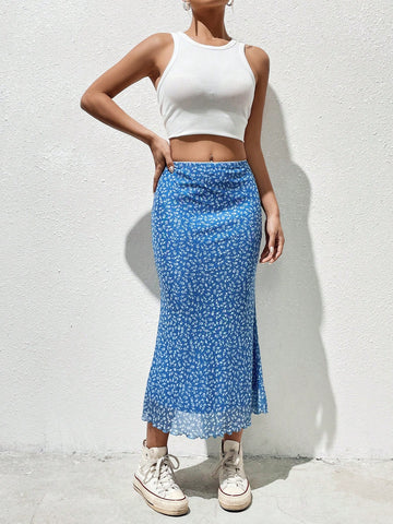 EZwear Ditsy Floral Print Lettuce Trim Skirt