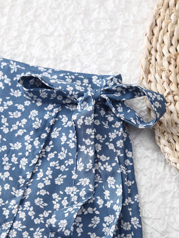 EZwear Ditsy Floral Wrapped Self-Tie Skirt