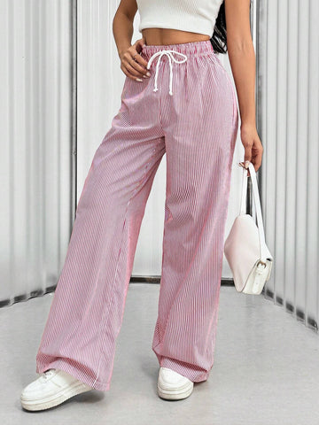 EZwear Drawstring High-Waist Striped Straight-Leg Casual Pants