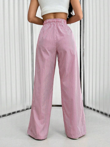 EZwear Drawstring High-Waist Striped Straight-Leg Casual Pants