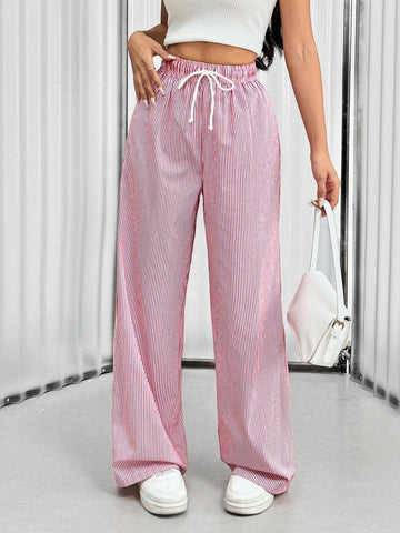 EZwear Drawstring High-Waist Striped Straight-Leg Casual Pants
