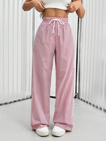 EZwear Drawstring High-Waist Striped Straight-Leg Casual Pants
