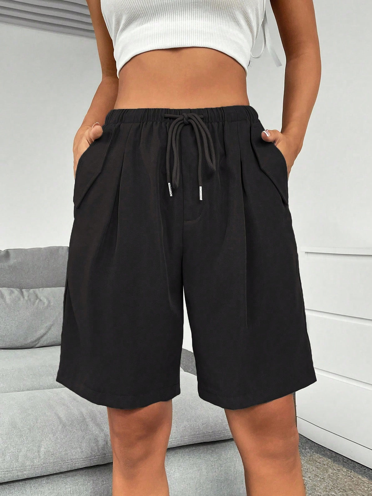 EZwear Drawstring Waist Slant Pocket Shorts