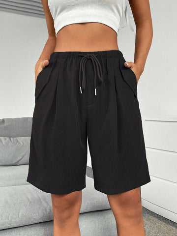 EZwear Drawstring Waist Slant Pocket Shorts