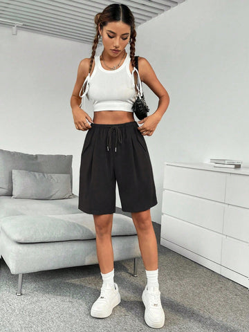 EZwear Drawstring Waist Slant Pocket Shorts