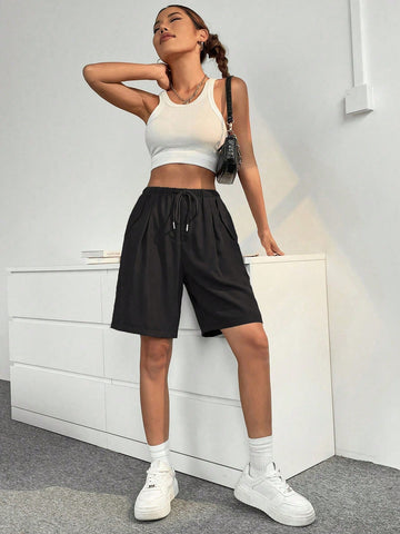 EZwear Drawstring Waist Slant Pocket Shorts