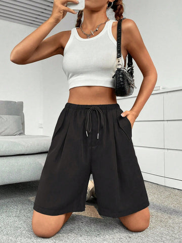 EZwear Drawstring Waist Slant Pocket Shorts