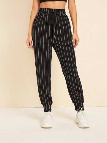EZwear Drawstring Waist Slant Pocket Striped Carrot Pants