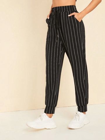 EZwear Drawstring Waist Slant Pocket Striped Carrot Pants