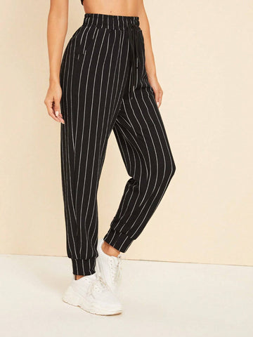 EZwear Drawstring Waist Slant Pocket Striped Carrot Pants