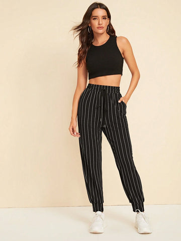 EZwear Drawstring Waist Slant Pocket Striped Carrot Pants