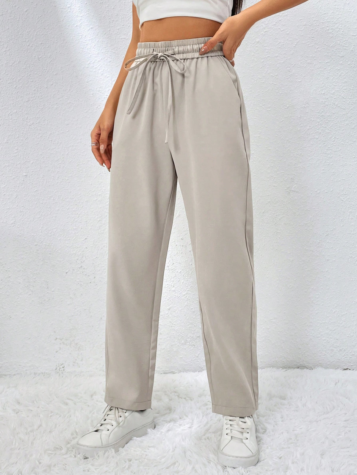 EZwear Drawstring Waist Straight Leg Pants