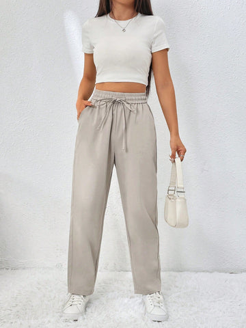 EZwear Drawstring Waist Straight Leg Pants
