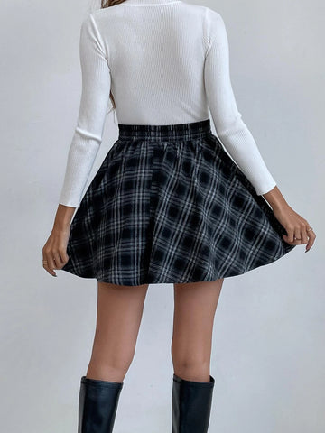 EZwear Elastic Waist Plaid Flare Skirt