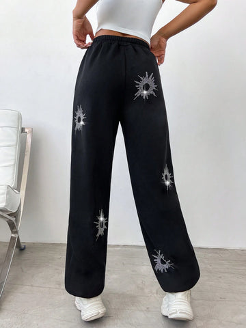 EZwear Elastic Waist Rhinestone Decor Sweatpants