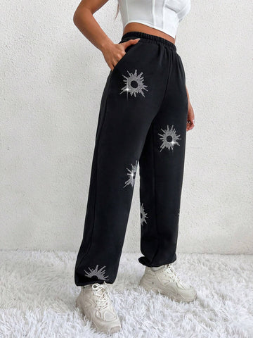 EZwear Elastic Waist Rhinestone Decor Sweatpants