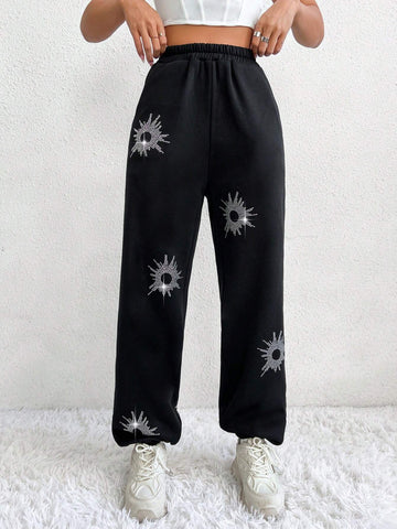 EZwear Elastic Waist Rhinestone Decor Sweatpants