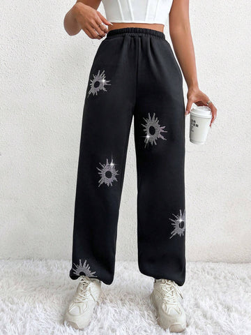 EZwear Elastic Waist Rhinestone Decor Sweatpants