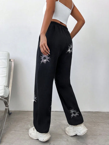 EZwear Elastic Waist Rhinestone Decor Sweatpants