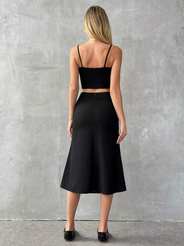 Elegant Lace Patchwork Slim-Fit Crop Top & Solid Color Skirt 2pcs/Set For Summer