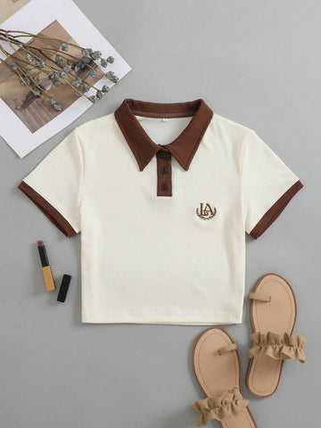 Embroidery Contrast Trim Polo Neck Tee