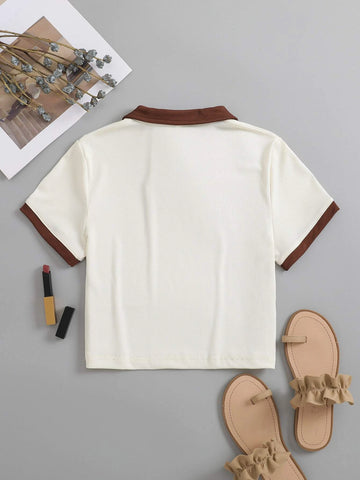 Embroidery Contrast Trim Polo Neck Tee