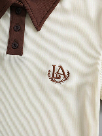Embroidery Contrast Trim Polo Neck Tee