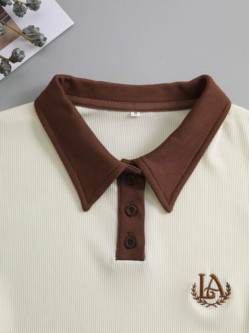Embroidery Contrast Trim Polo Neck Tee