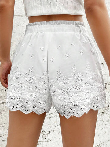 EZwear Eyelet Embroidery Scallop Trim Knot Front Shorts