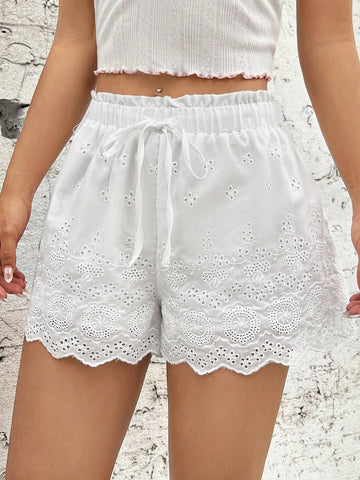 EZwear Eyelet Embroidery Scallop Trim Knot Front Shorts