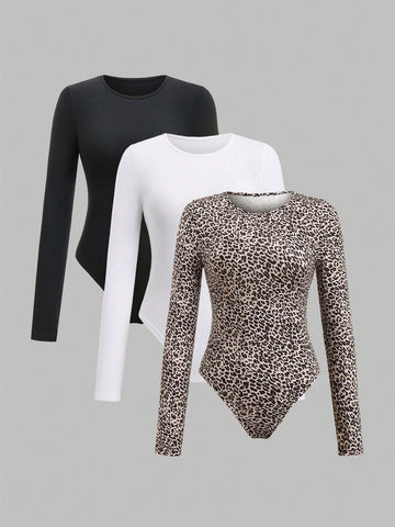 Fashionable Multicolor Leopard Print Bodysuit For Women, Spring Autumn