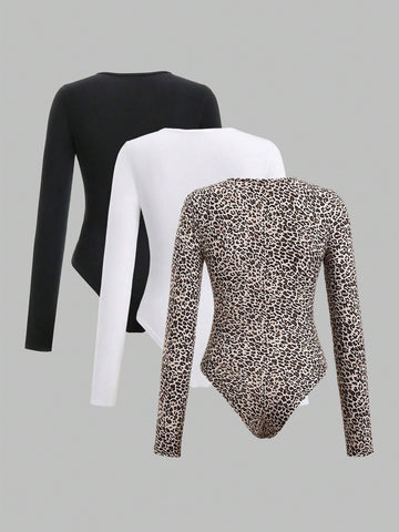 Fashionable Multicolor Leopard Print Bodysuit For Women, Spring Autumn