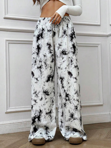 EZwear Fashionable Tie-Dye Print Elastic Waist Wide Leg Casual Pants, Autumn & Winter