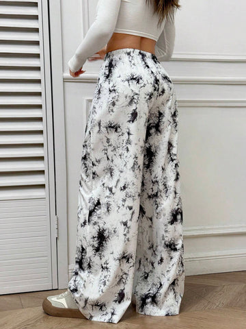 EZwear Fashionable Tie-Dye Print Elastic Waist Wide Leg Casual Pants, Autumn & Winter