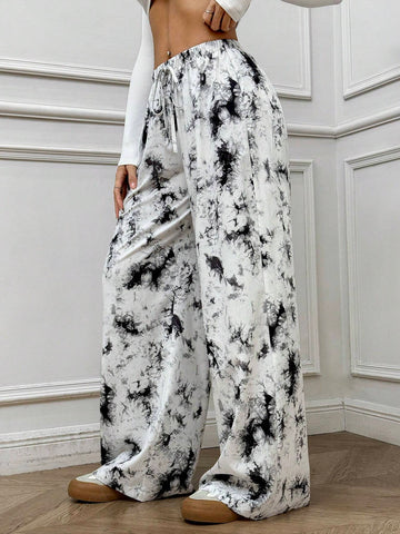 EZwear Fashionable Tie-Dye Print Elastic Waist Wide Leg Casual Pants, Autumn & Winter