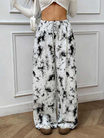 EZwear Fashionable Tie-Dye Print Elastic Waist Wide Leg Casual Pants, Autumn & Winter